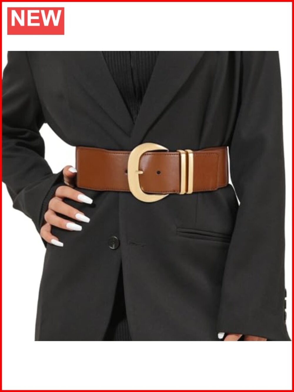 Women Wide Elastic Waist Belt Stretchy PU Leather Gold Buckle Dress Waistband